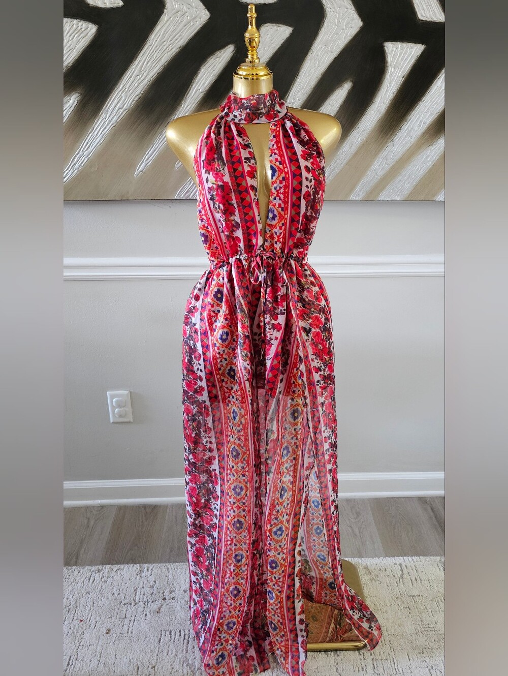 Luxxel Women’s Small Floral Boho Halter Maxi Dress